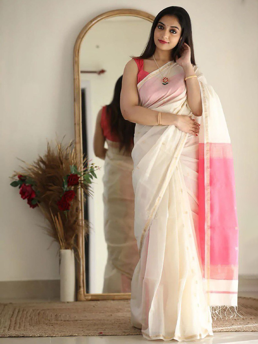 

BerMondsey Woven Design Zari Banarasi Saree, White
