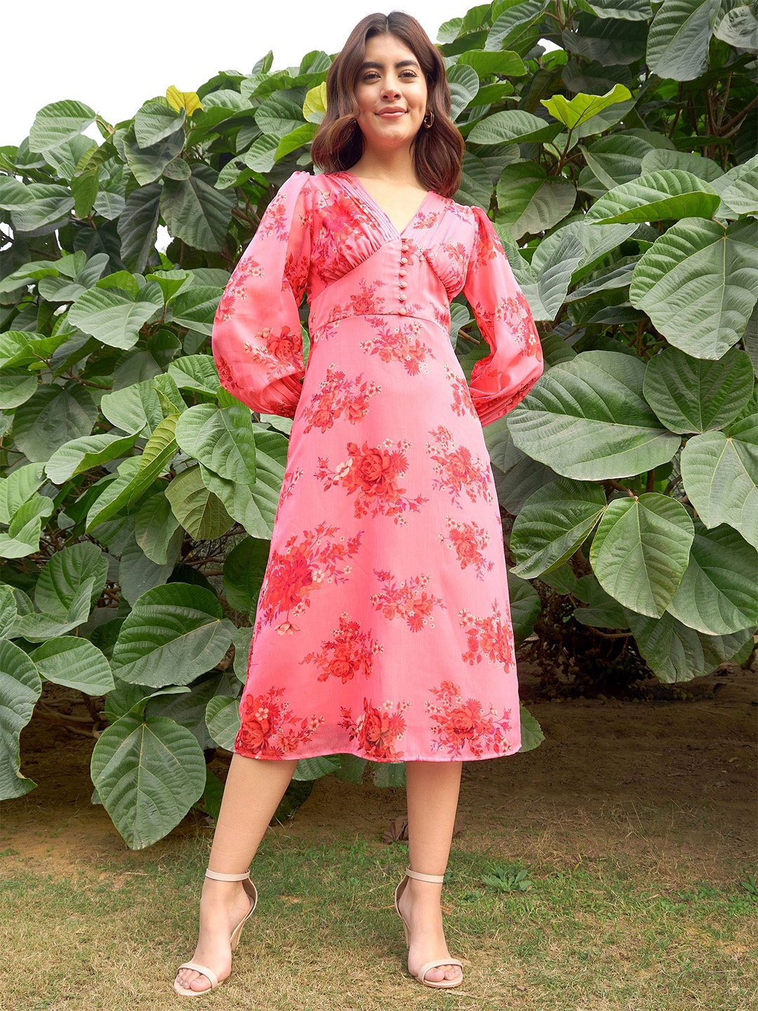 

RARE Floral Printed Puff Sleeves A-Line Midi Dress, Pink