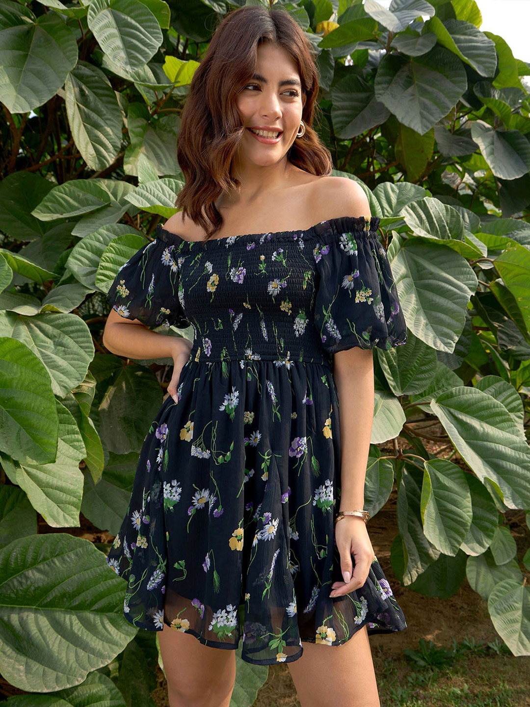 

RARE Women Floral Printed Fit & Flare Dress, Black