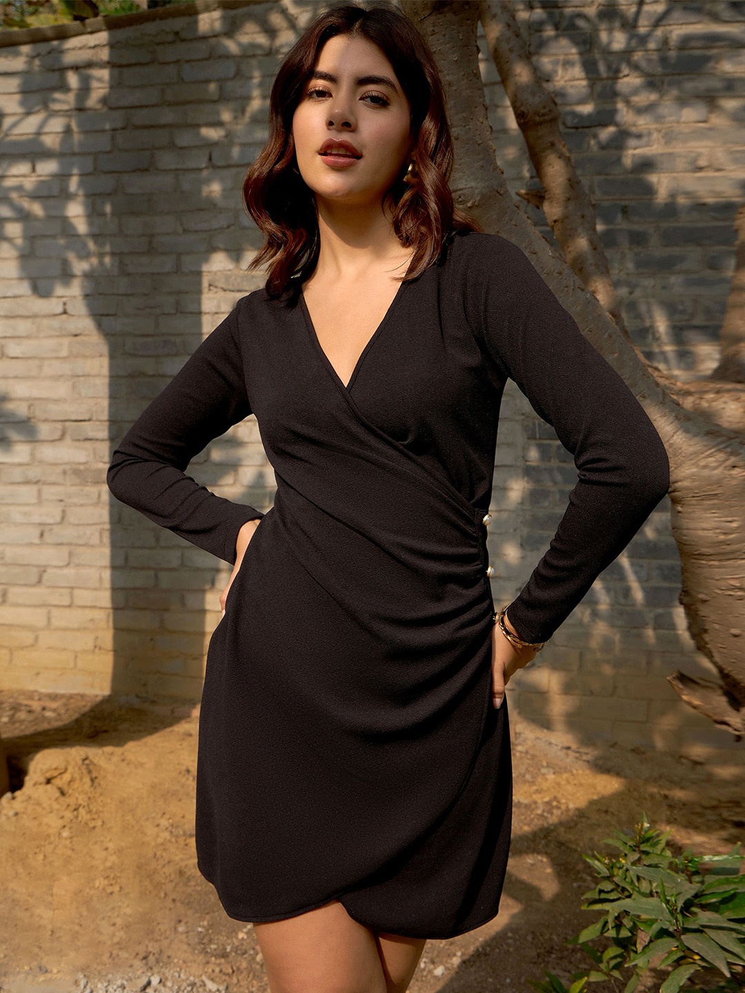 

RARE Dress V Neck Long Sleeves Wrap Dress, Black