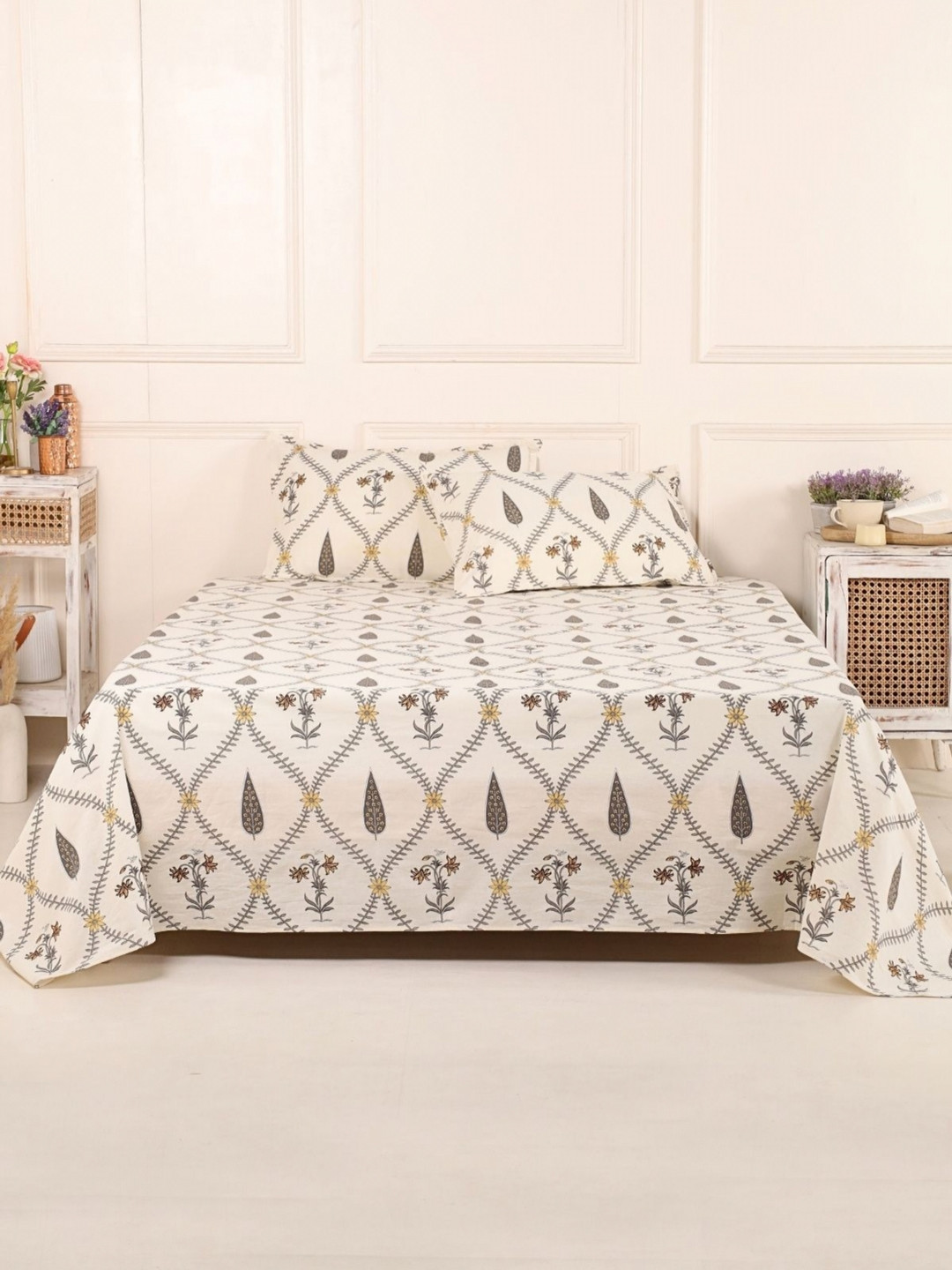 

Peepul Tree Beige Ethnic Motifs Printed 240 TC Pure Cotton Bedsheet with 2 Pillow Covers, Yellow