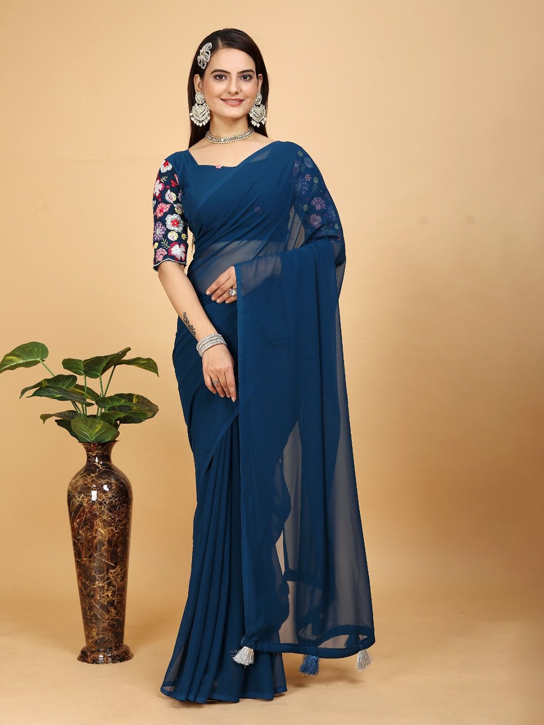 

K 5 Fashion Poly Georgette Saree, Blue