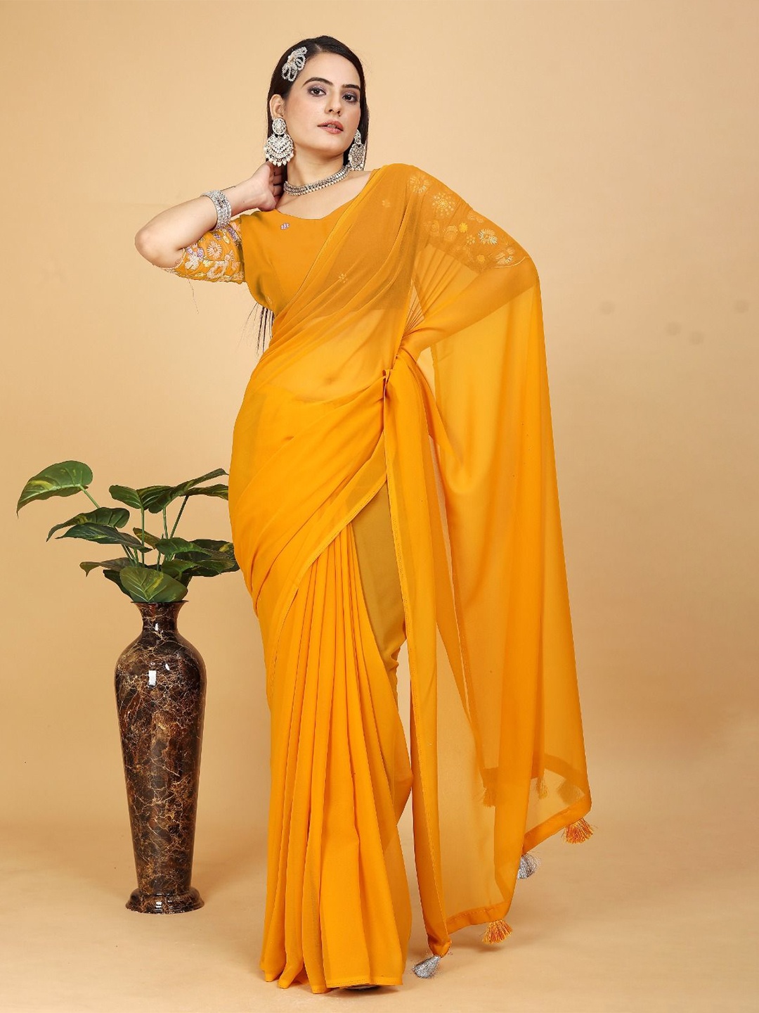 

K 5 Fashion Solid Poly Georgette Saree, Mustard