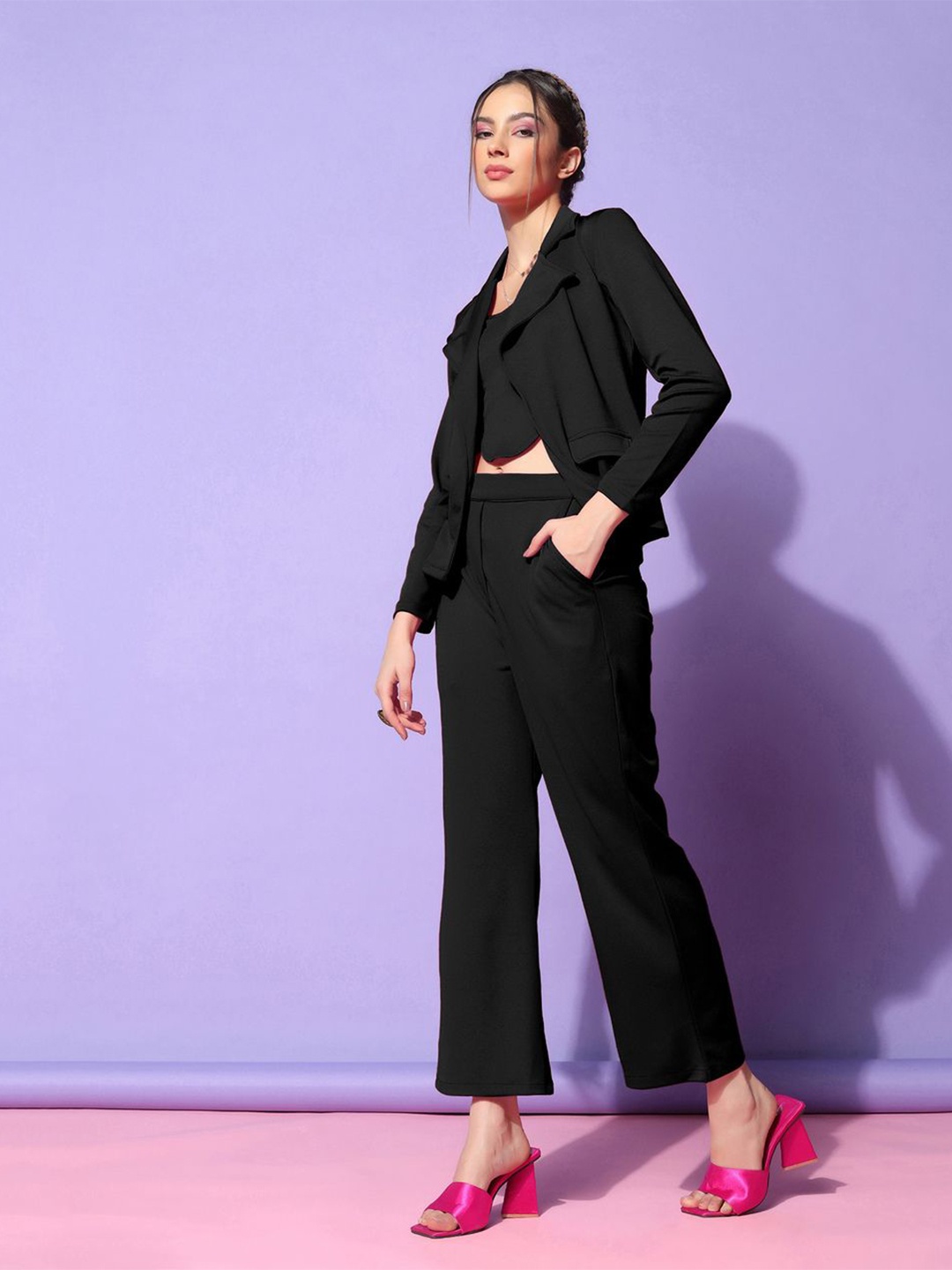 

Fashion FRICKS Shirt Collar Top and Bottom Co-Ords Set, Black