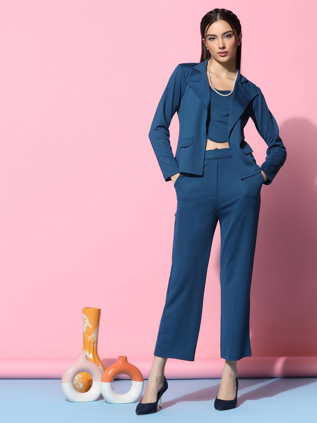 

Fashion FRICKS Shirt Collar Top and Bottom Co-Ords Set, Turquoise blue