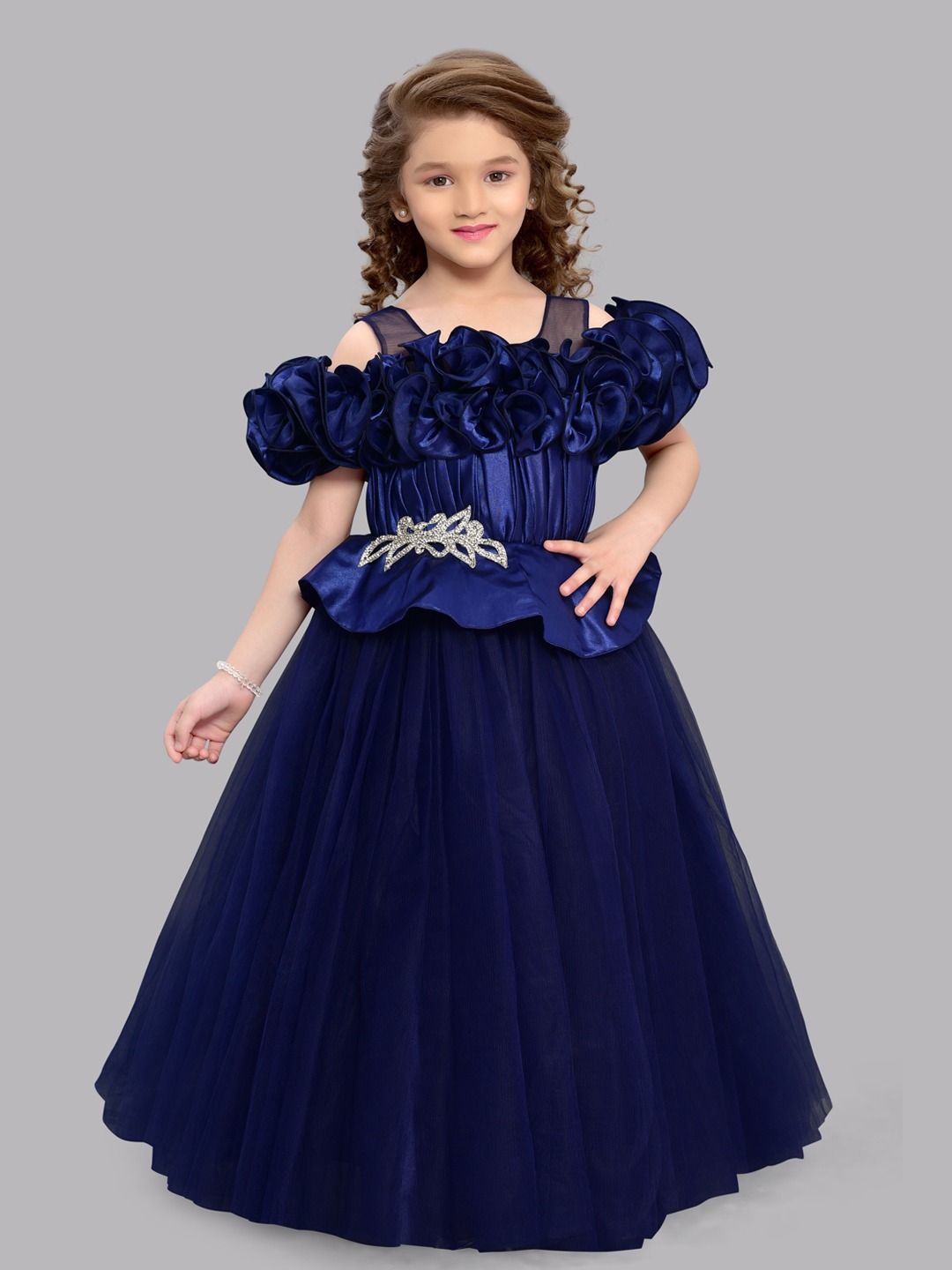 

Pink Chick Girls Cold Shoulder Sleeve Ruffled Net Fit & Flare Maxi Dress, Navy blue