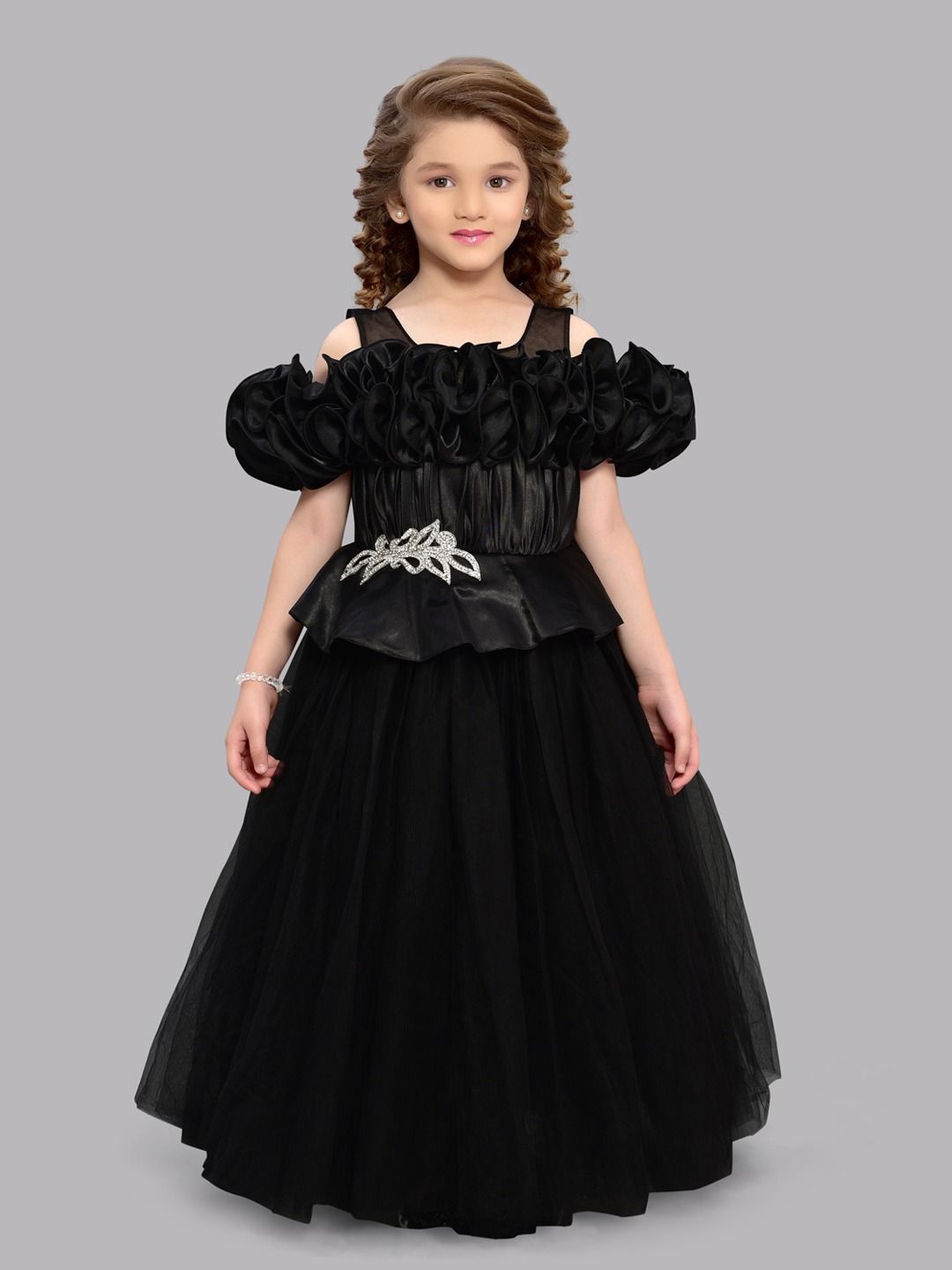 

Pink Chick Shoulder Straps Puff Sleeve Ruffled Net Maxi Dress, Black