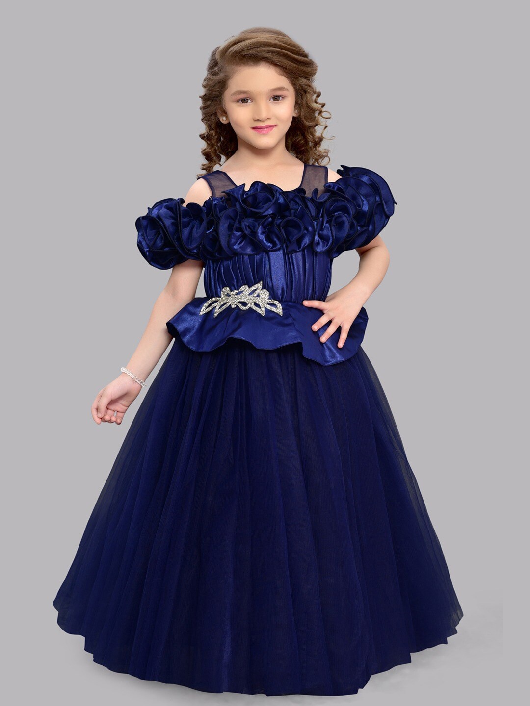 

Pink Chick Girls Off-Shoulder Puff Sleeves Embellished Ruffled Net Fit & Flare Maxi Gown, Navy blue