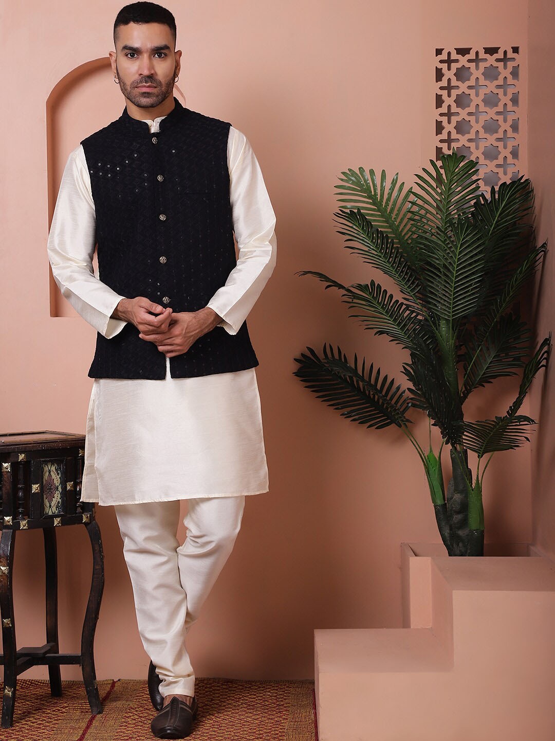 

Anouk Black Mandarin Collar Sequinned Straight Kurta with Pyjamas & Nehru Jacket