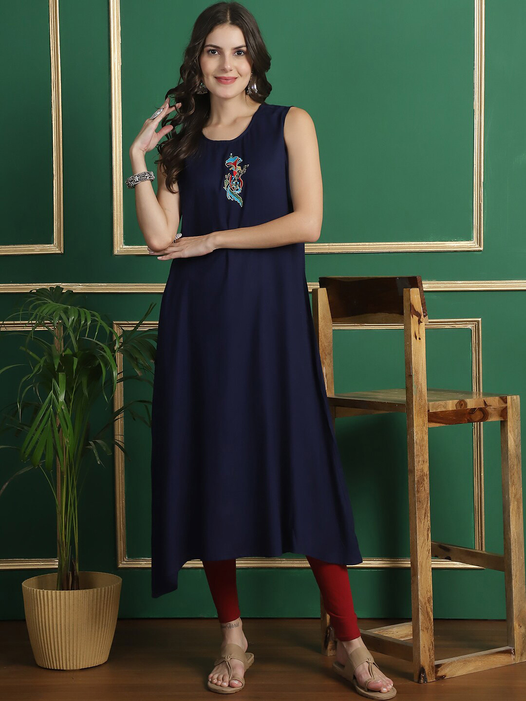 

Grancy Ethnic Printed Cotton Open Front Longline Shrug, Blue