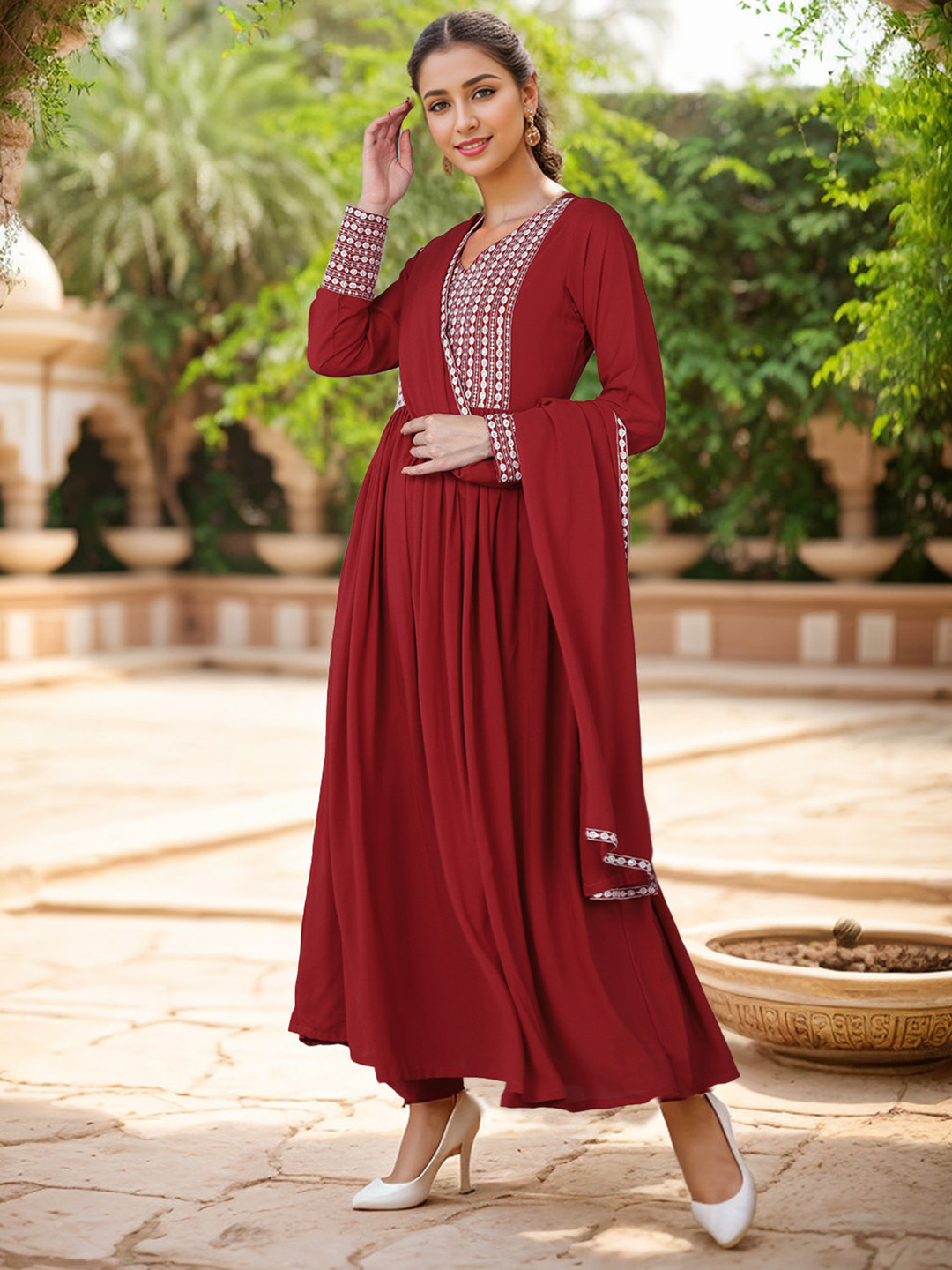 

Anouk Red Ethnic Embroidered Pleated Sequinned V-neck Kurta with Trousers & Dupatta