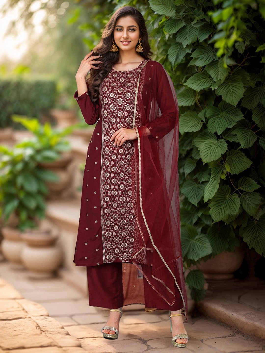 

Anouk Ethnic Motifs Embroidered Regular Kurta With Trousers & Dupatta, Maroon