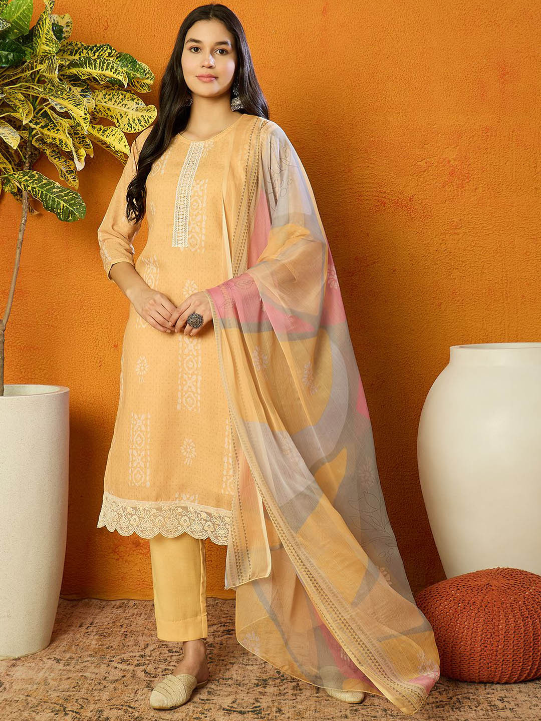 

Anouk Ethnic Motifs Embroidered Thread Work Straight Kurta With Trousers & Dupatta, Yellow
