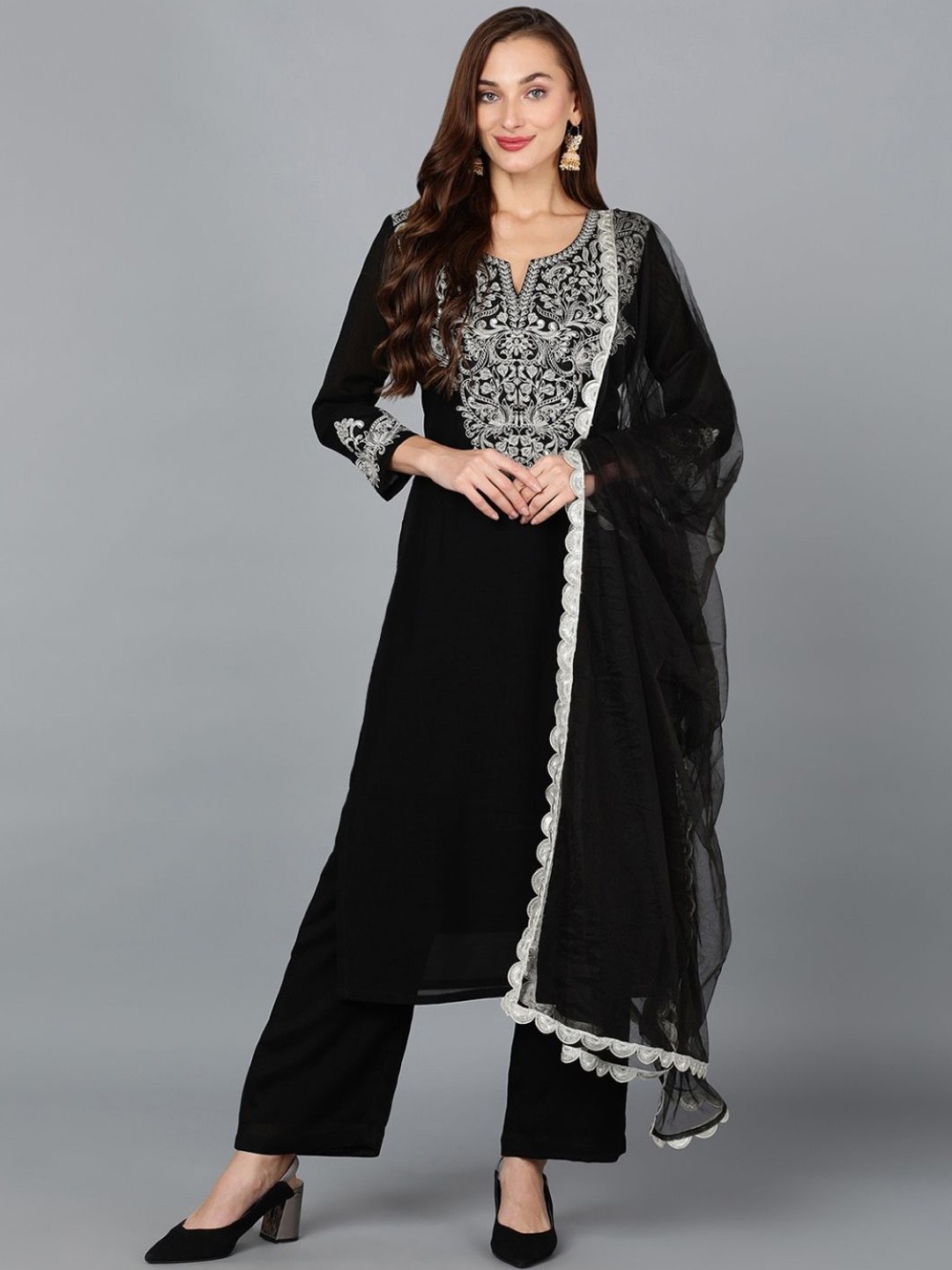 

Anouk Black Ethnic Embroidered Straight Kurta with Trousers & Dupatta