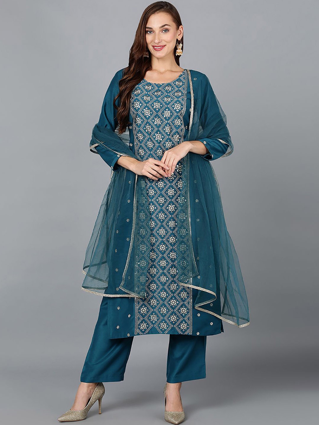 

Anouk Teal Blue Ethnic Motifs Embroidered Sequinned Straight Kurta With Trousers & Dupatta