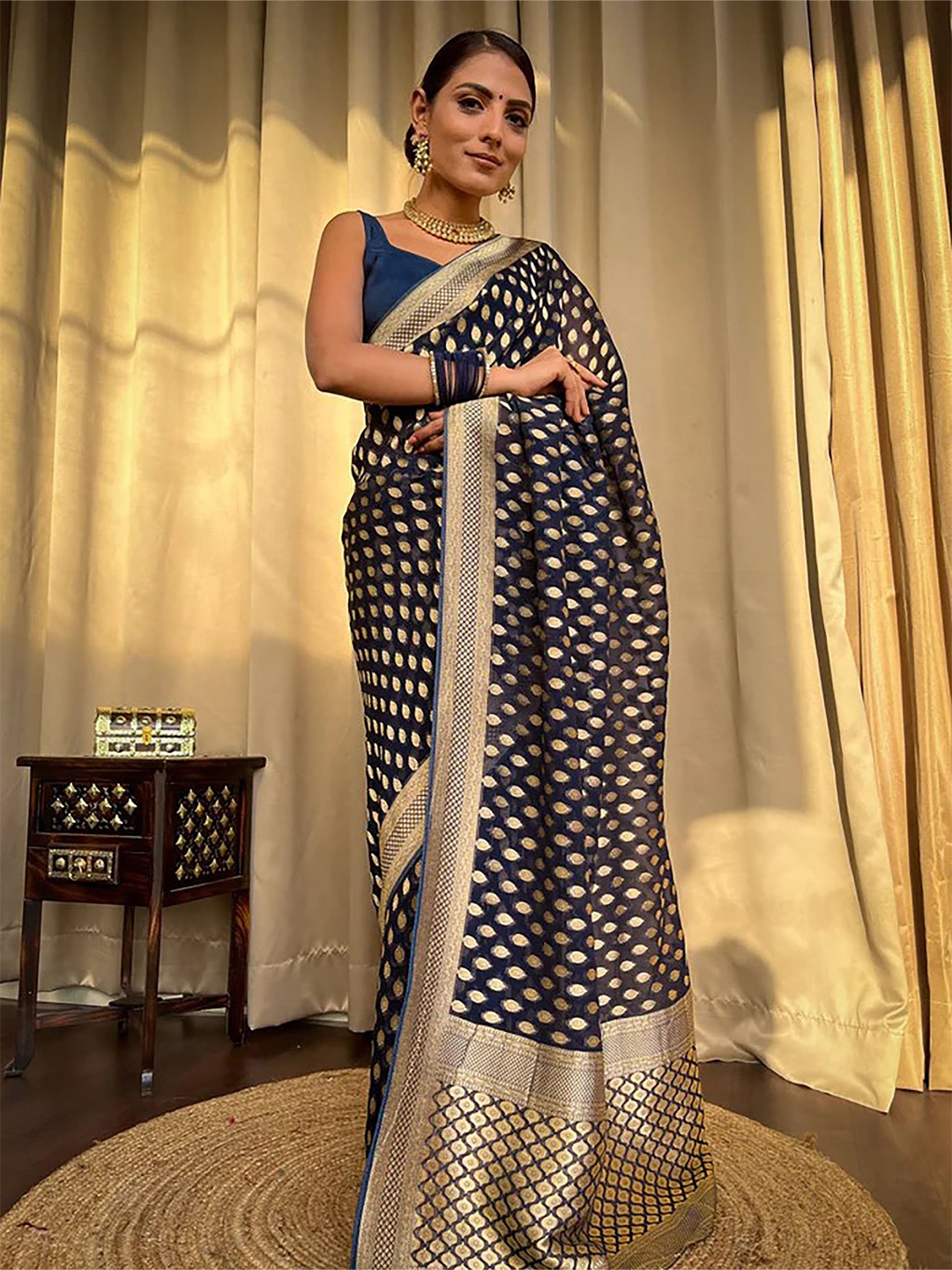 

Aldwych Ethnic Motifs Zari Banarasi Saree, Blue