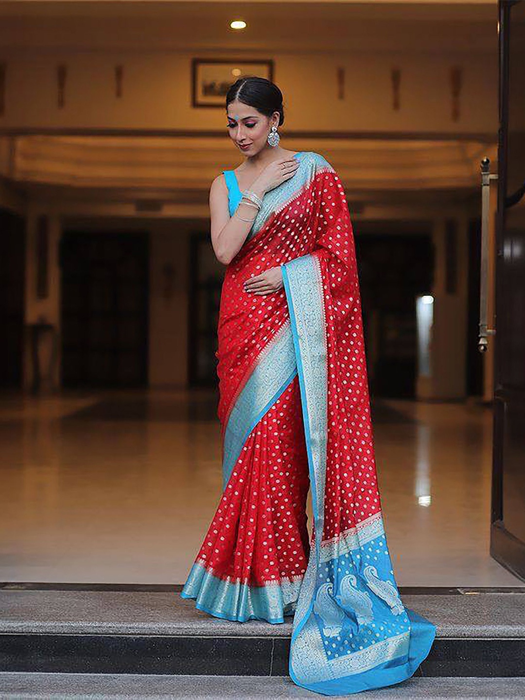 

Aldwych Polka Dot Zari Banarasi Saree, Red