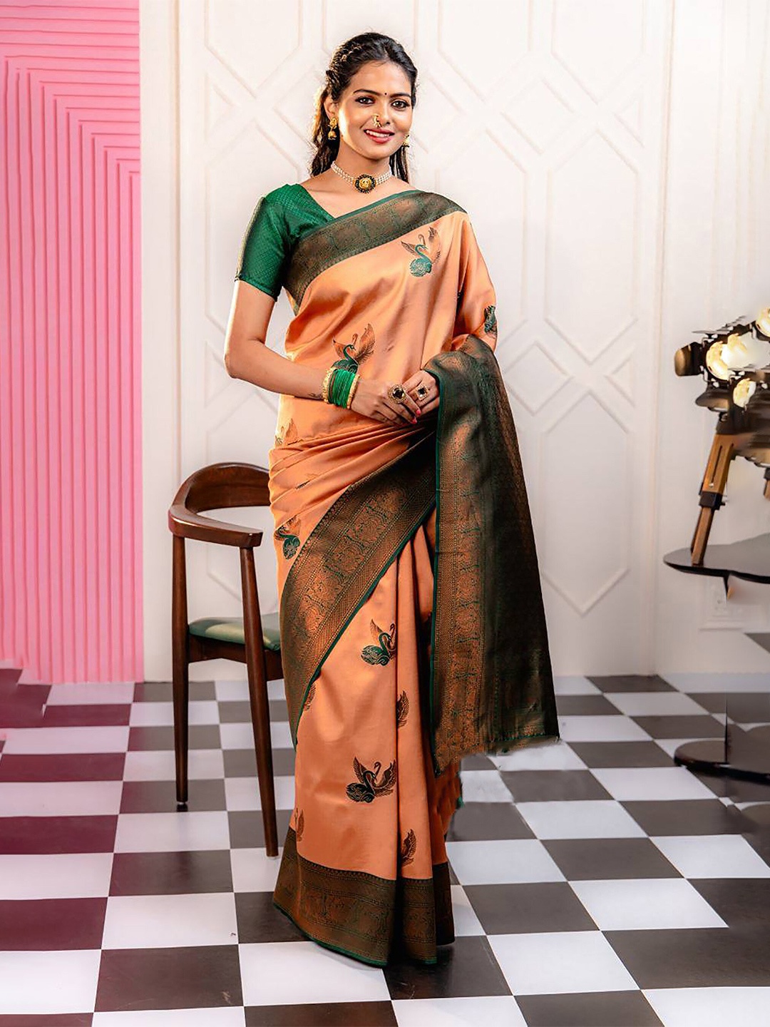

Aldwych Ethnic Motifs Zari Banarasi Saree, Orange