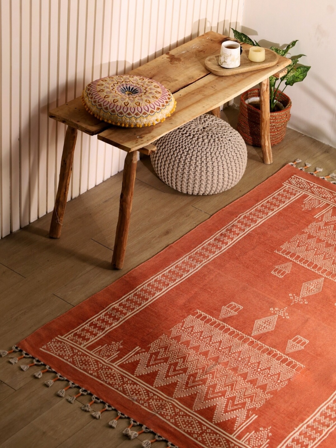 

Peepul Tree Ethnic Motifs Cotton Carpet, Peach
