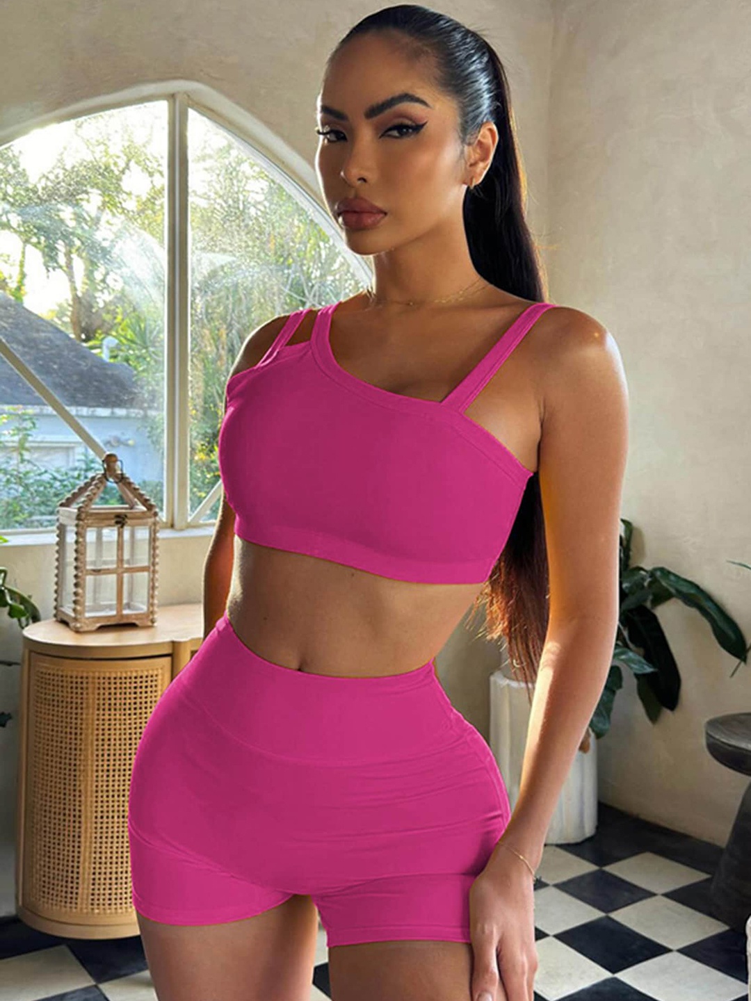 

LULU & SKY Shoulder Straps Crop Top With Shorts, Rose