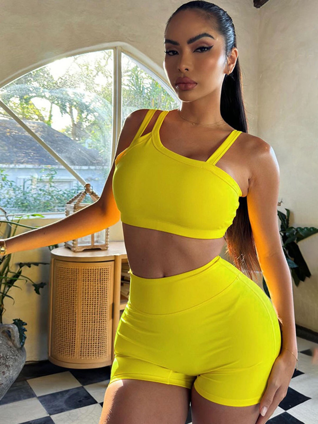 

LULU & SKY Shoulder Straps Crop Top With Shorts, Yellow