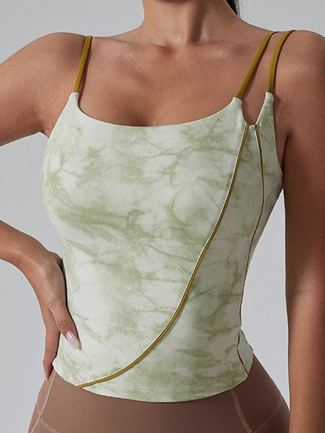 

LULU & SKY Abstract Printed Shoulder Straps Fitted Sports Crop Top, Green