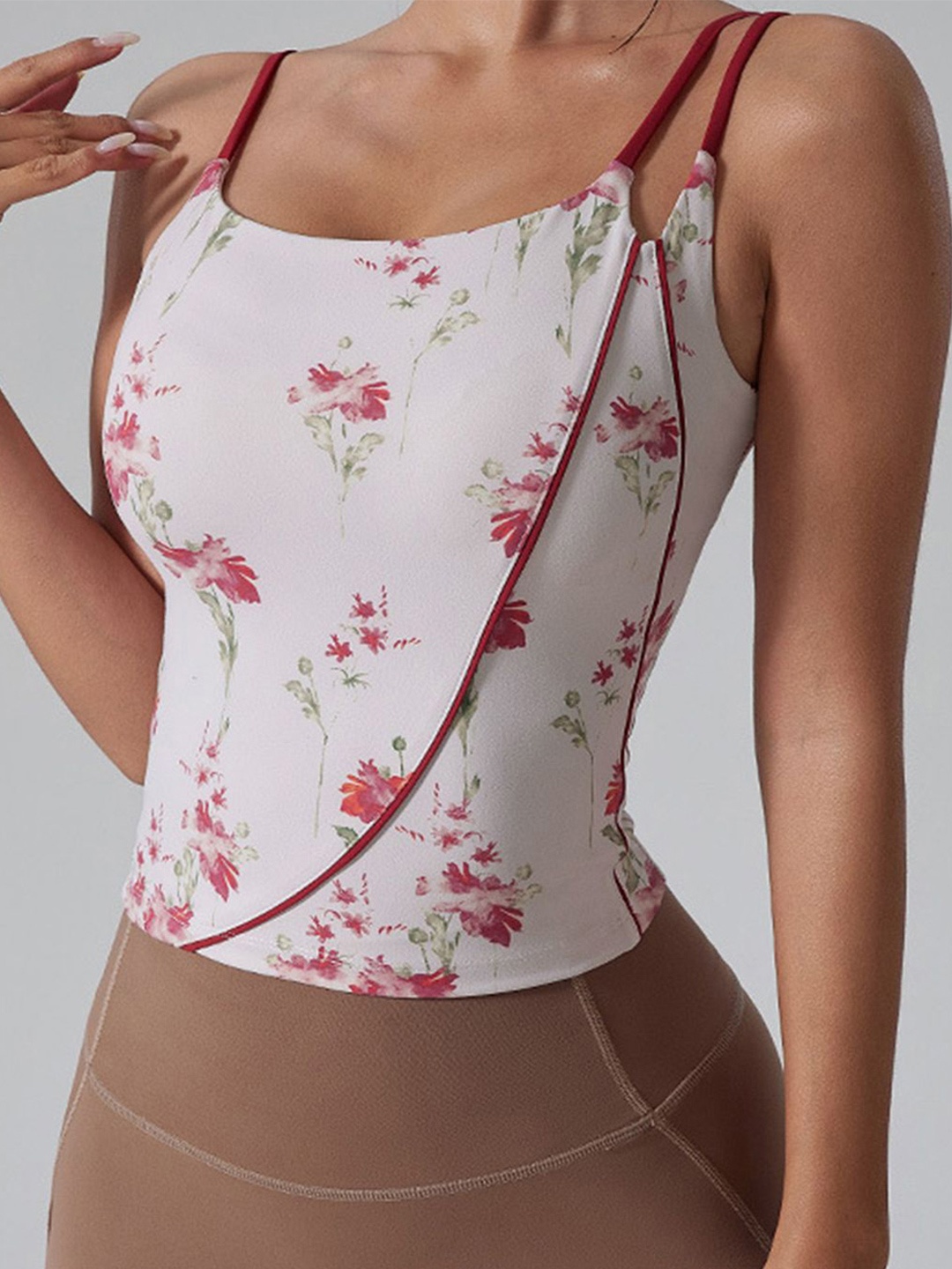 

LULU & SKY Floral Printed Shoulder Straps Fitted Sports Crop Top, White