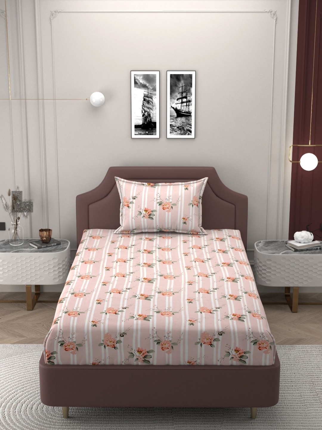 

BELVOSTUM Pink & White Floral Cotton 250 TC Single Bedsheet With Pillow Cover