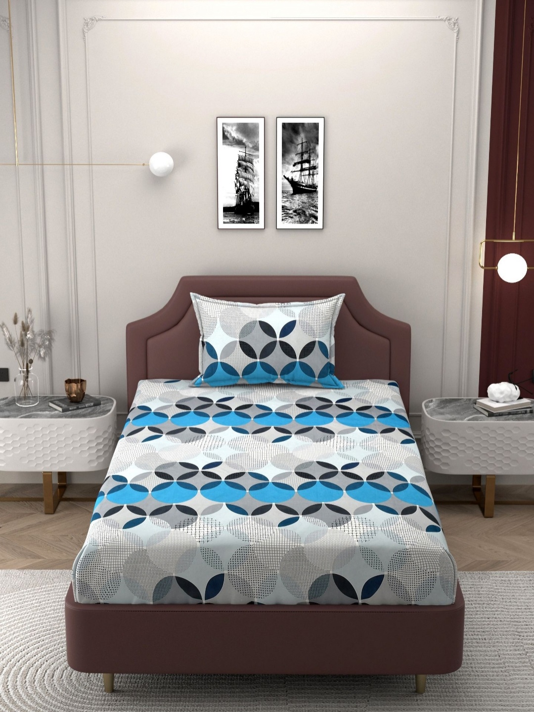 

BELVOSTUM Blue & White Abstract Cotton 250 TC Single Bedsheet With Pillow Cover