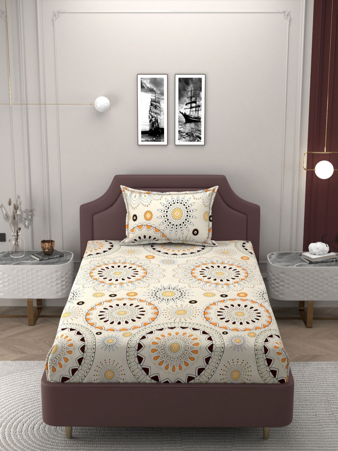 

BELVOSTUM Cream & Black Ethnic Motifs Cotton 250 TC Single Bedsheet With Pillow Cover