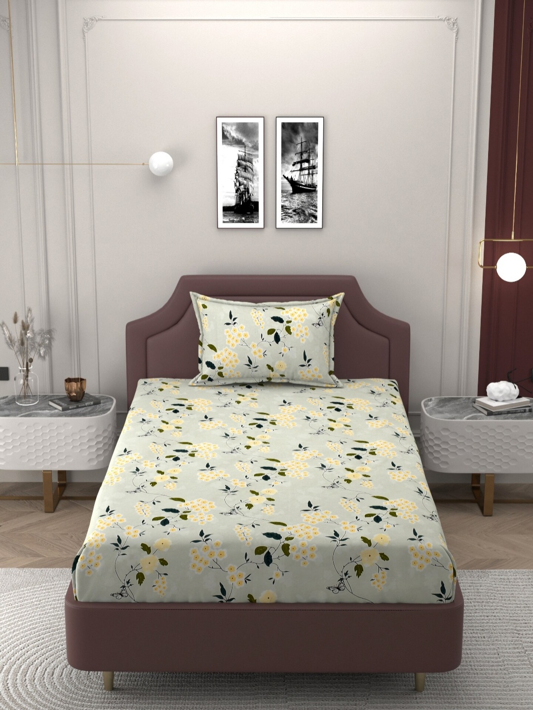 

BELVOSTUM Green & Yellow Floral Cotton 250 TC Single Bedsheet With Pillow Cover