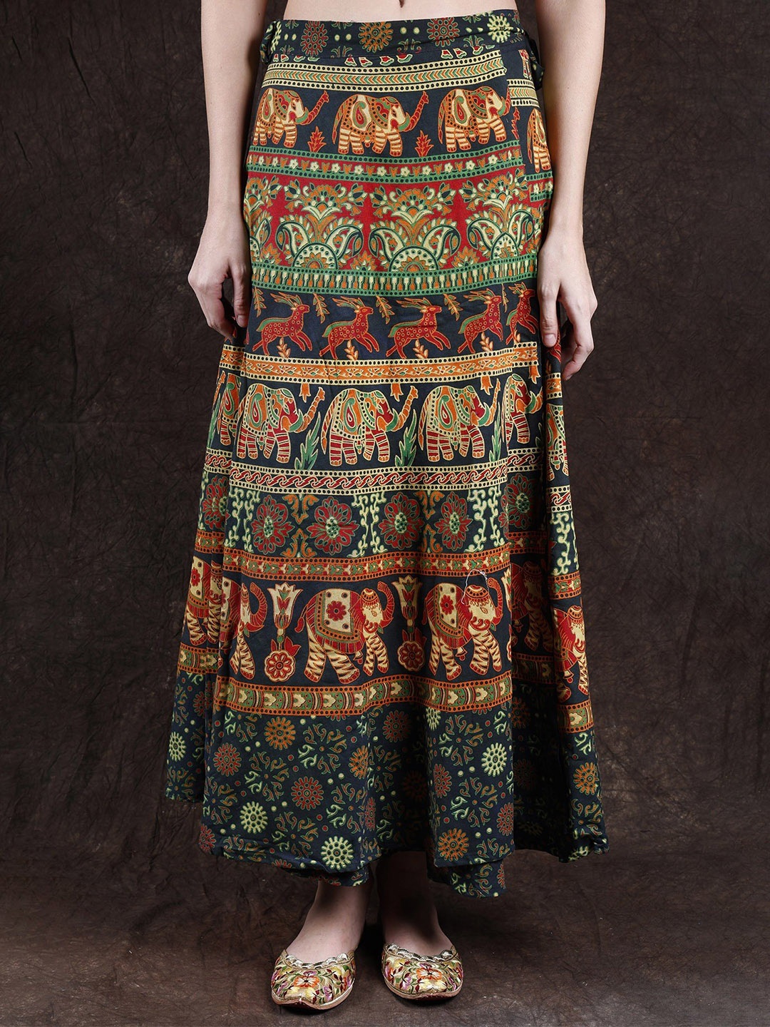 

Exotic India Printed Pure Cotton Flared Maxi Skirt, Blue