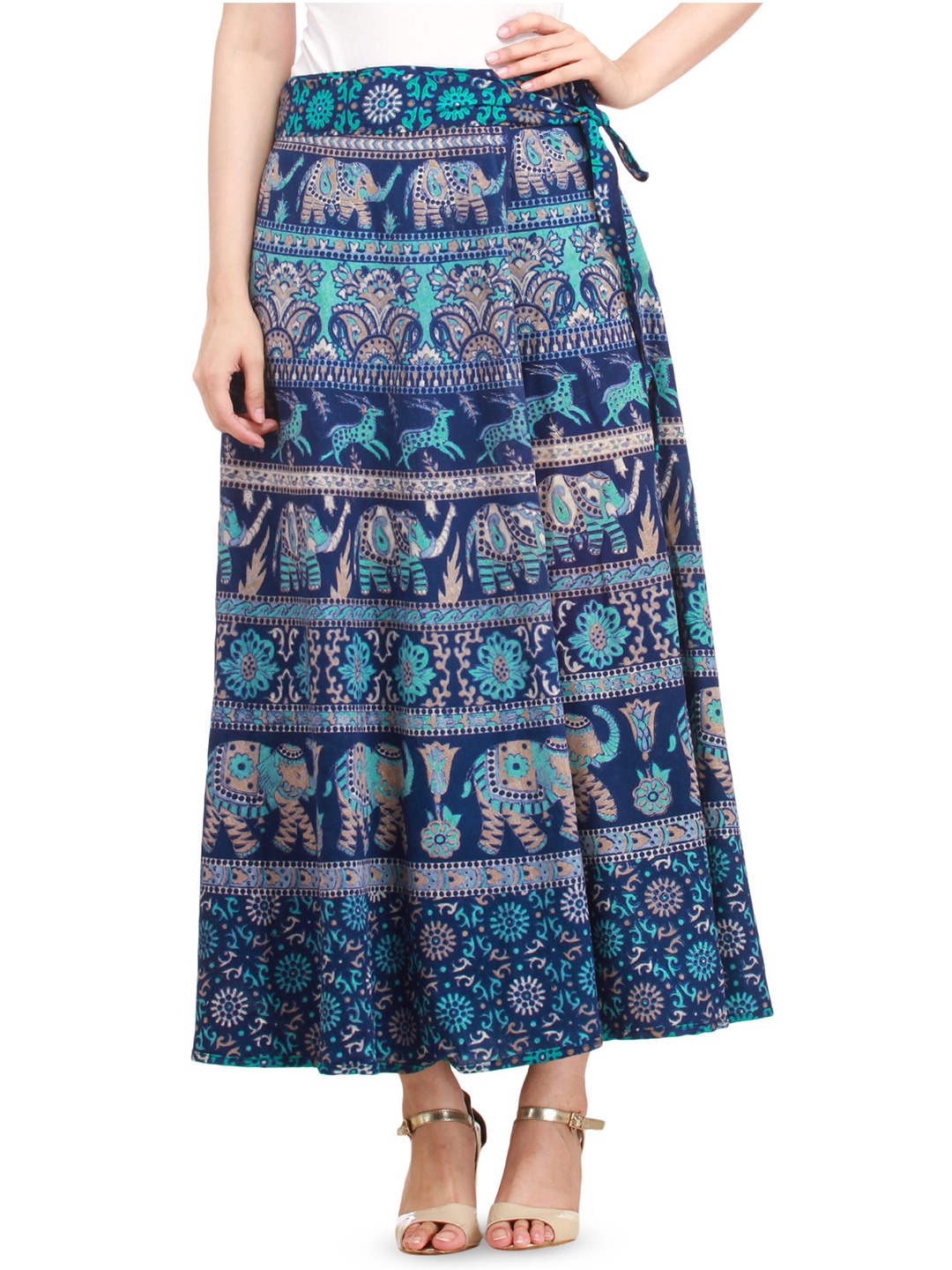 

Exotic India Ethnic Motifs Printed Pure Cotton Wrap Maxi Skirt, Blue