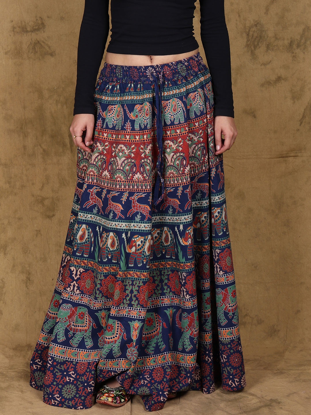 

Exotic India Printed Pure Cotton Flared Maxi Skirt, Blue