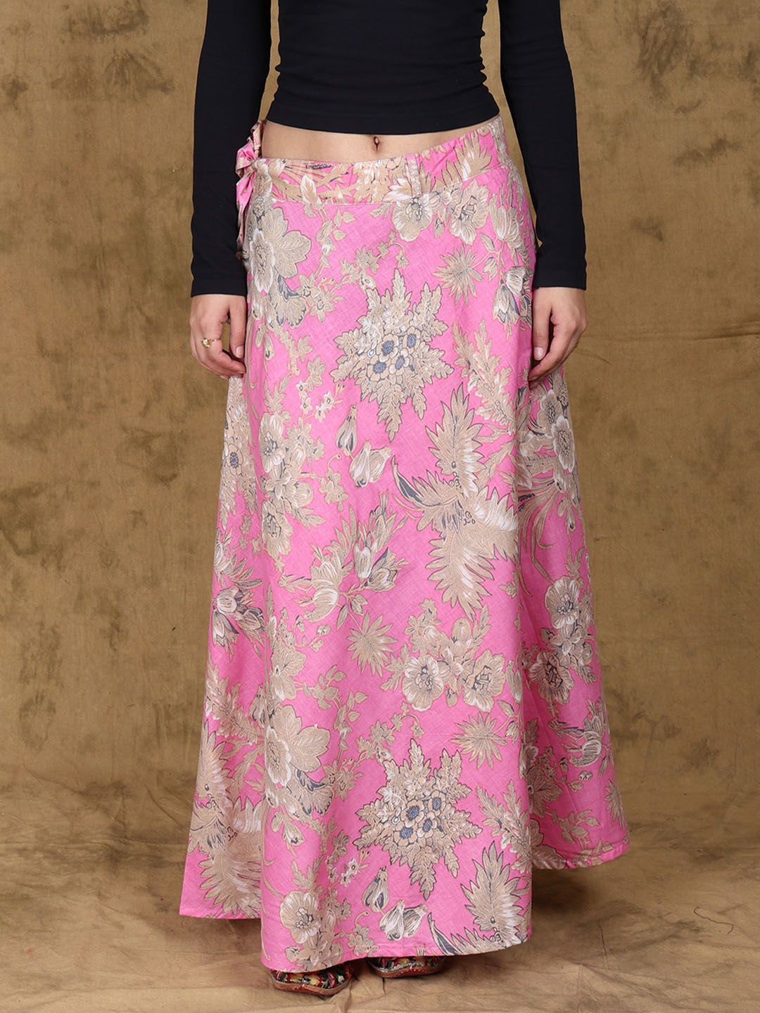 

Exotic India Floral Printed Pure Cotton Wrap-Around Maxi Skirt, Pink