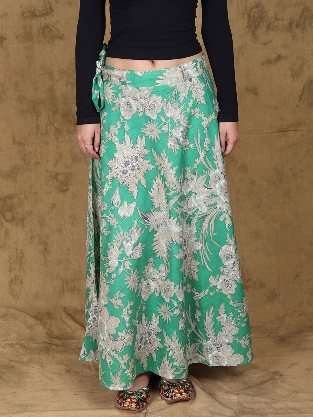 

Exotic India Printed Pure Cotton Wrap Maxi Skirt, Green