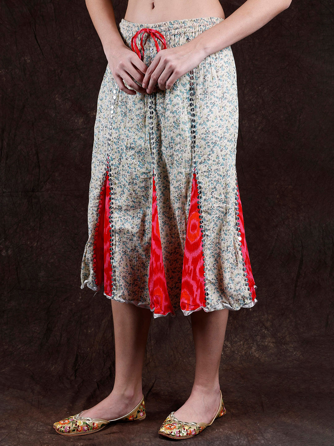 

Exotic India Ivory And Pink Midi-Skirt with Sequins