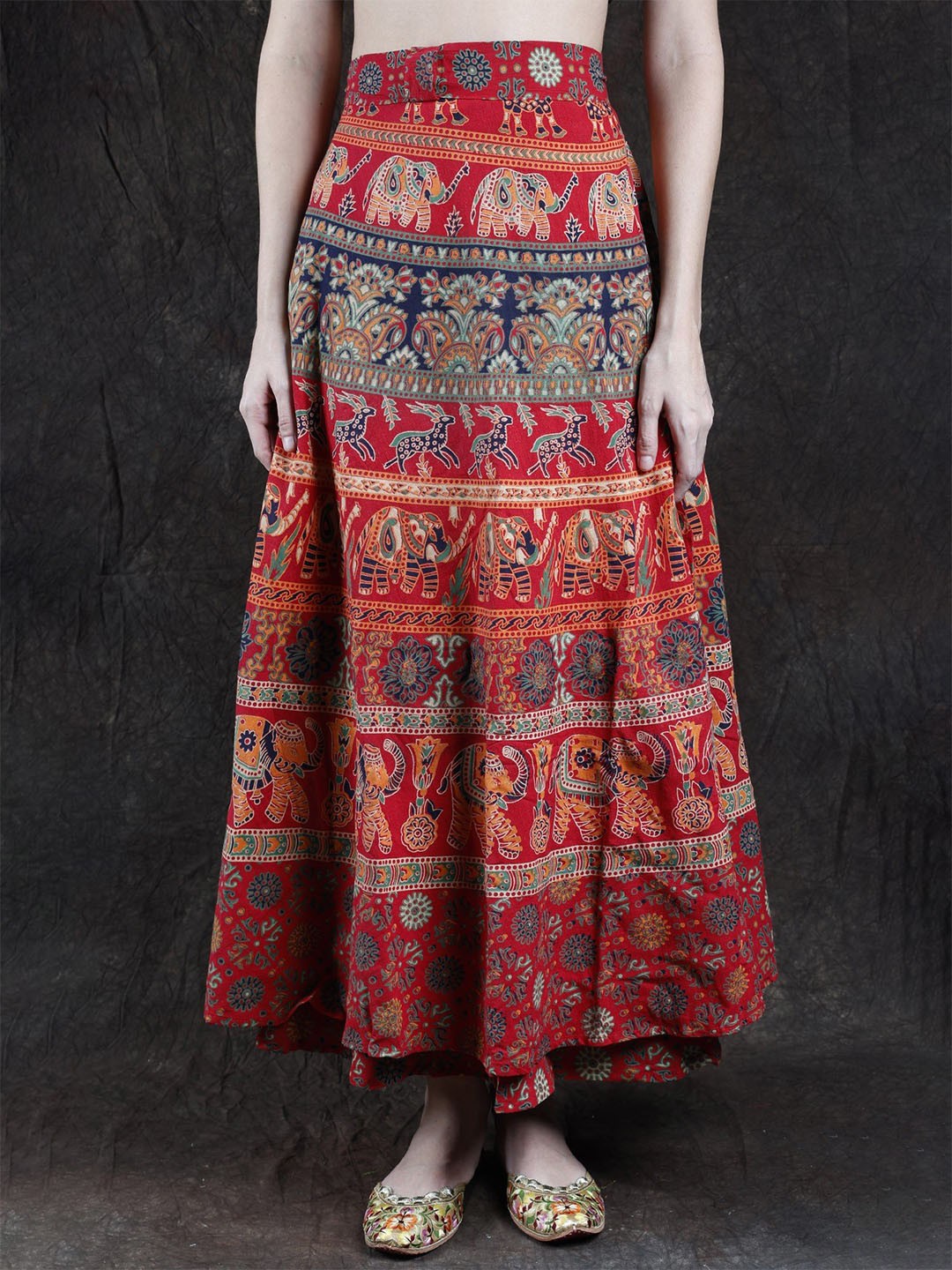 

Exotic India Printed Pure Cotton Flared Maxi Skirt, Red