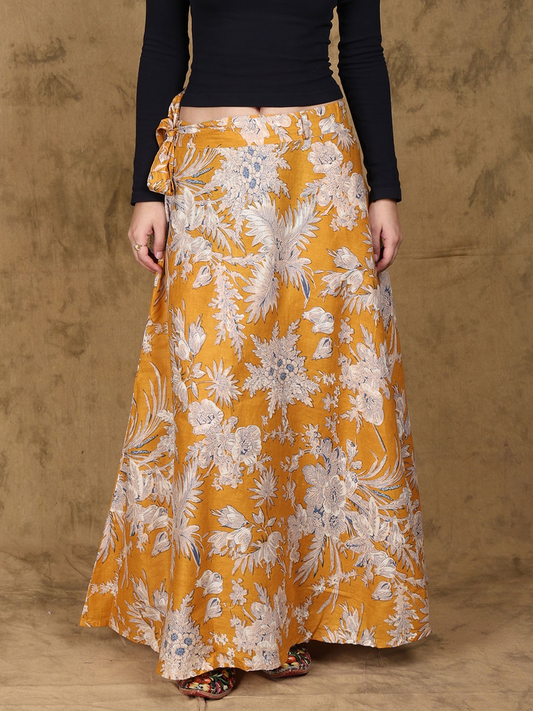 

Exotic India Floral Printed Pure Cotton Wrap-Around Maxi Skirts, Yellow