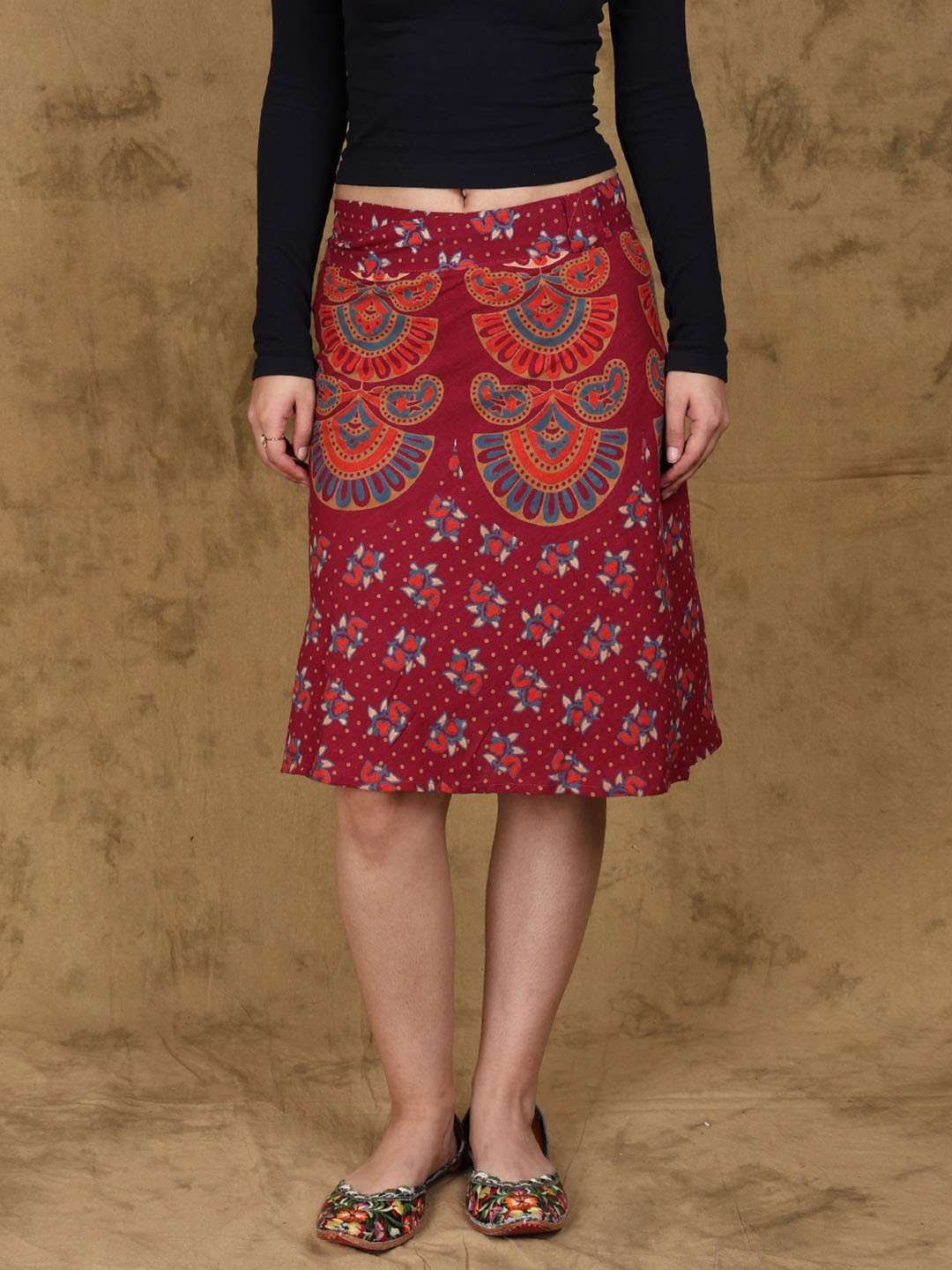 

Exotic India Printed Pure Cotton Wrap Maxi Skirt, Maroon