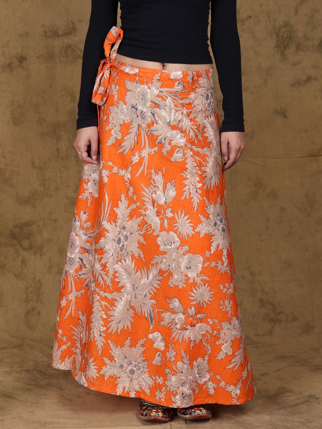 

Exotic India Printed Pure Cotton Wrap-Around Maxi Skirt, Orange