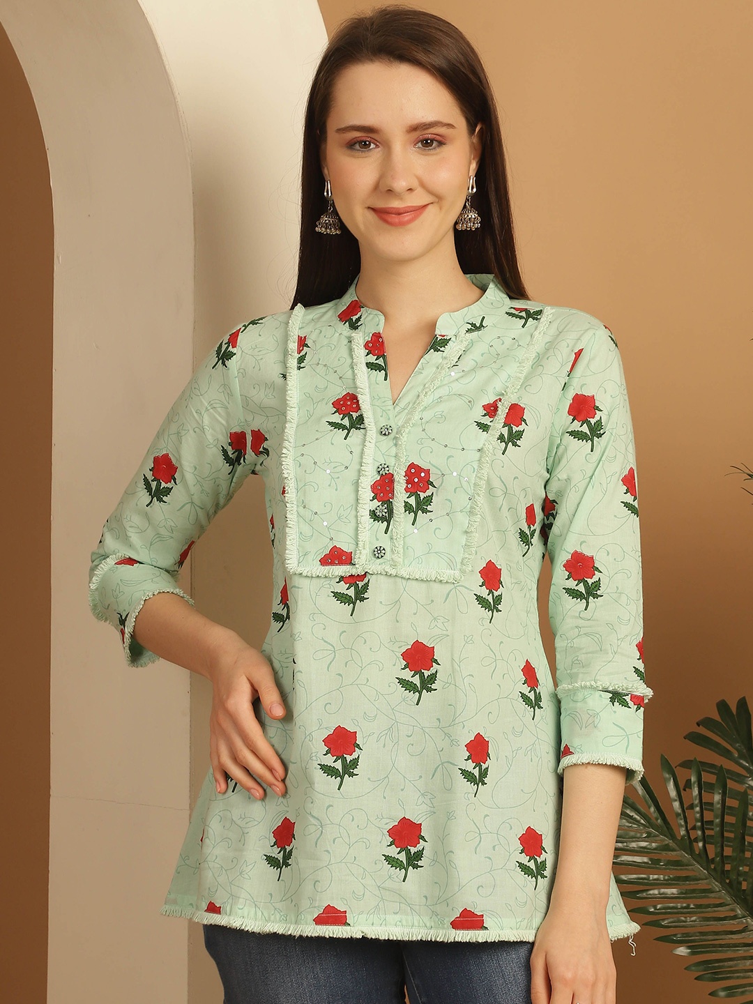 

KALINI Floral Printed Mandarin Collar Cotton Top, Green