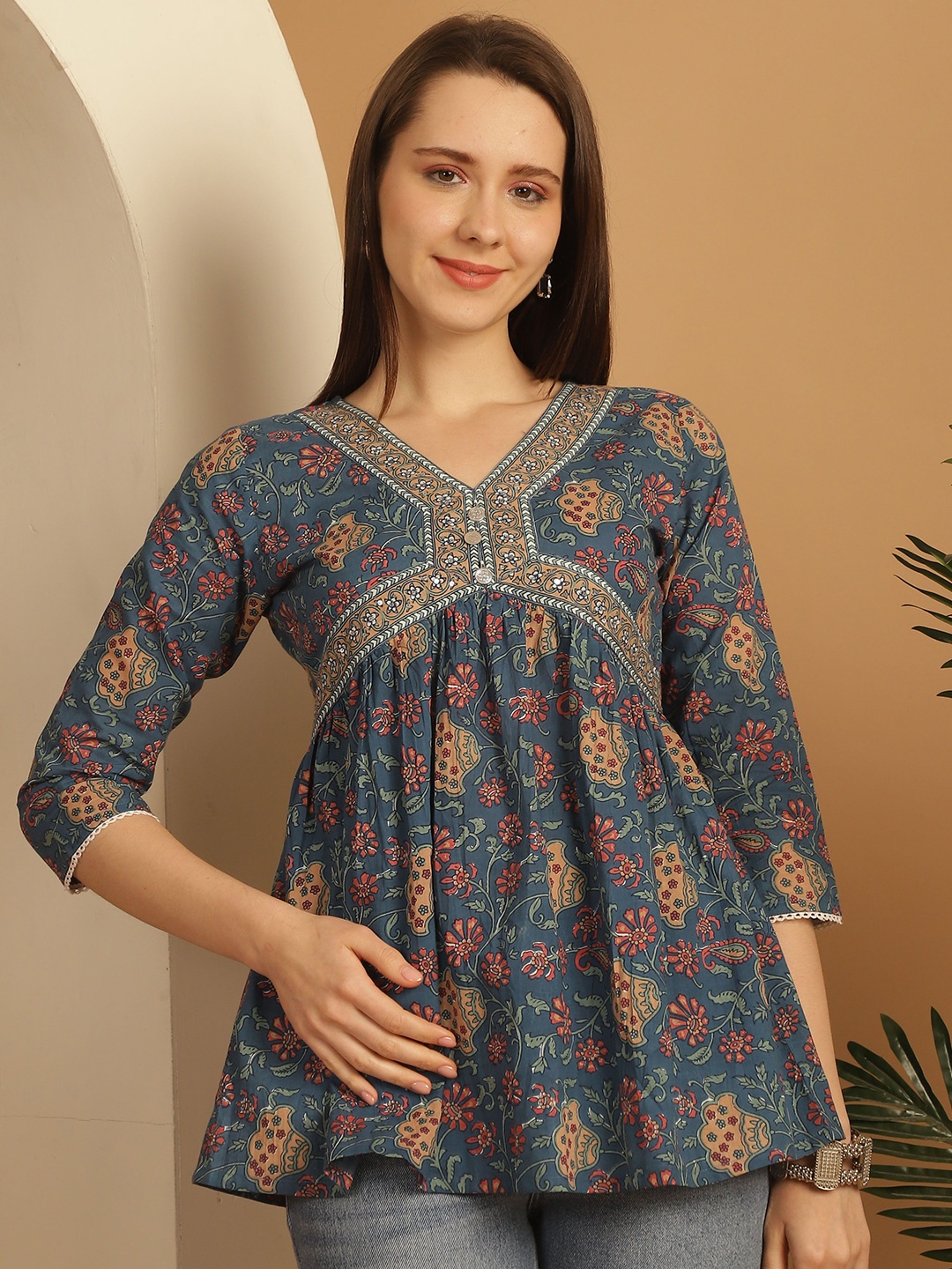 

KALINI Floral Print Ethnic Cotton Empire Top, Teal