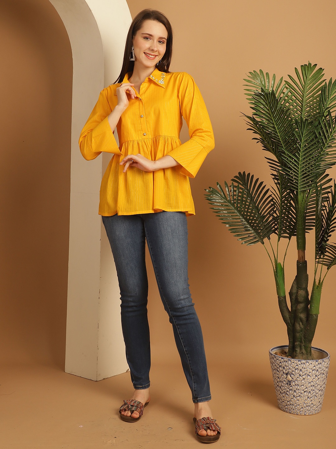 

KALINI Self Design Striped Cotton Top, Yellow