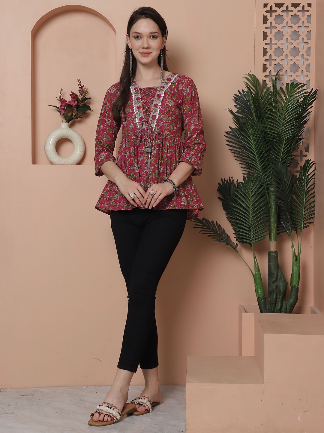 

KALINI Floral Print Square Neck Ethnic Cotton Top, Magenta