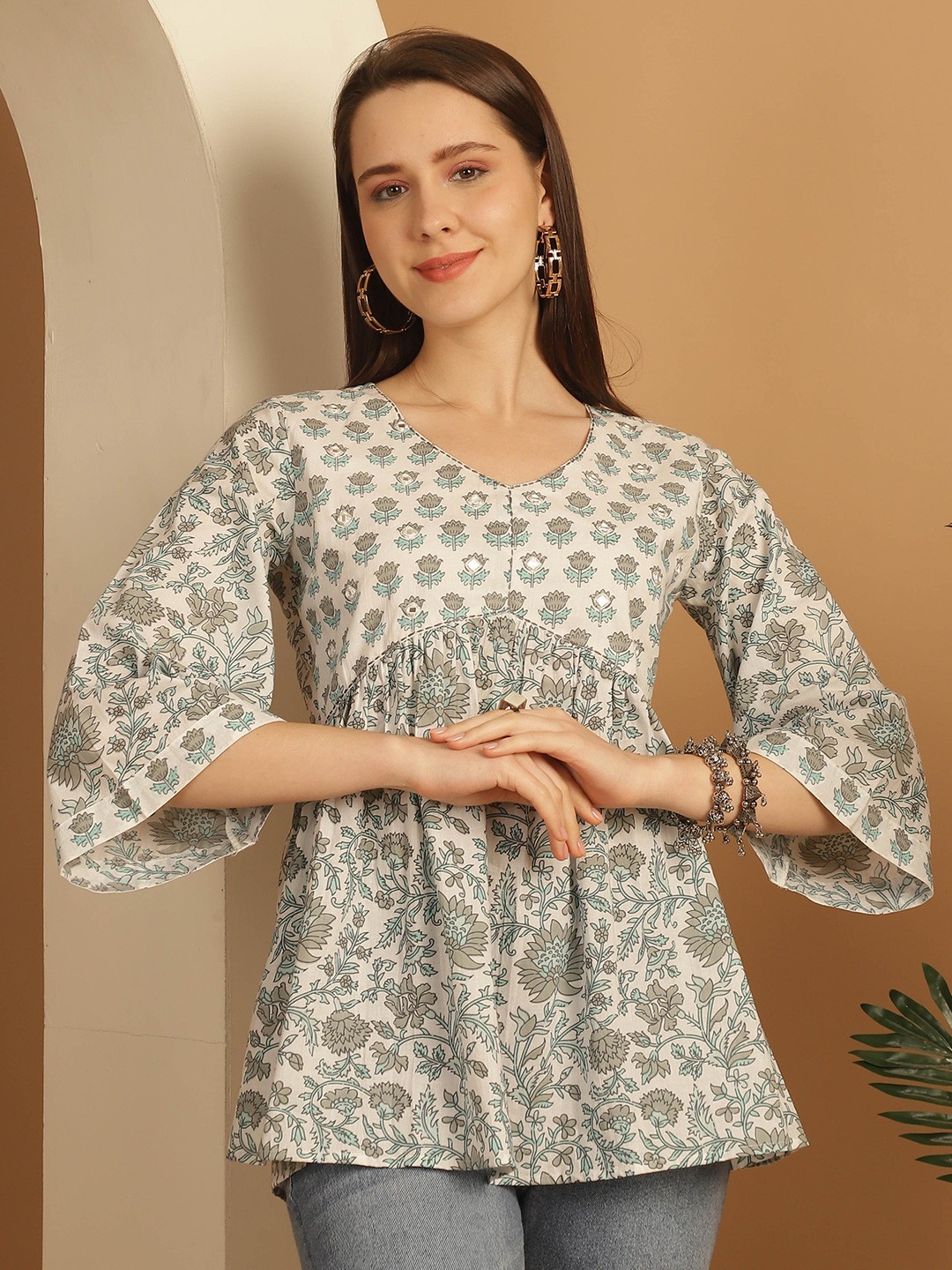 

KALINI Floral Print Flared Sleeve Ethnic Cotton Empire Top, White