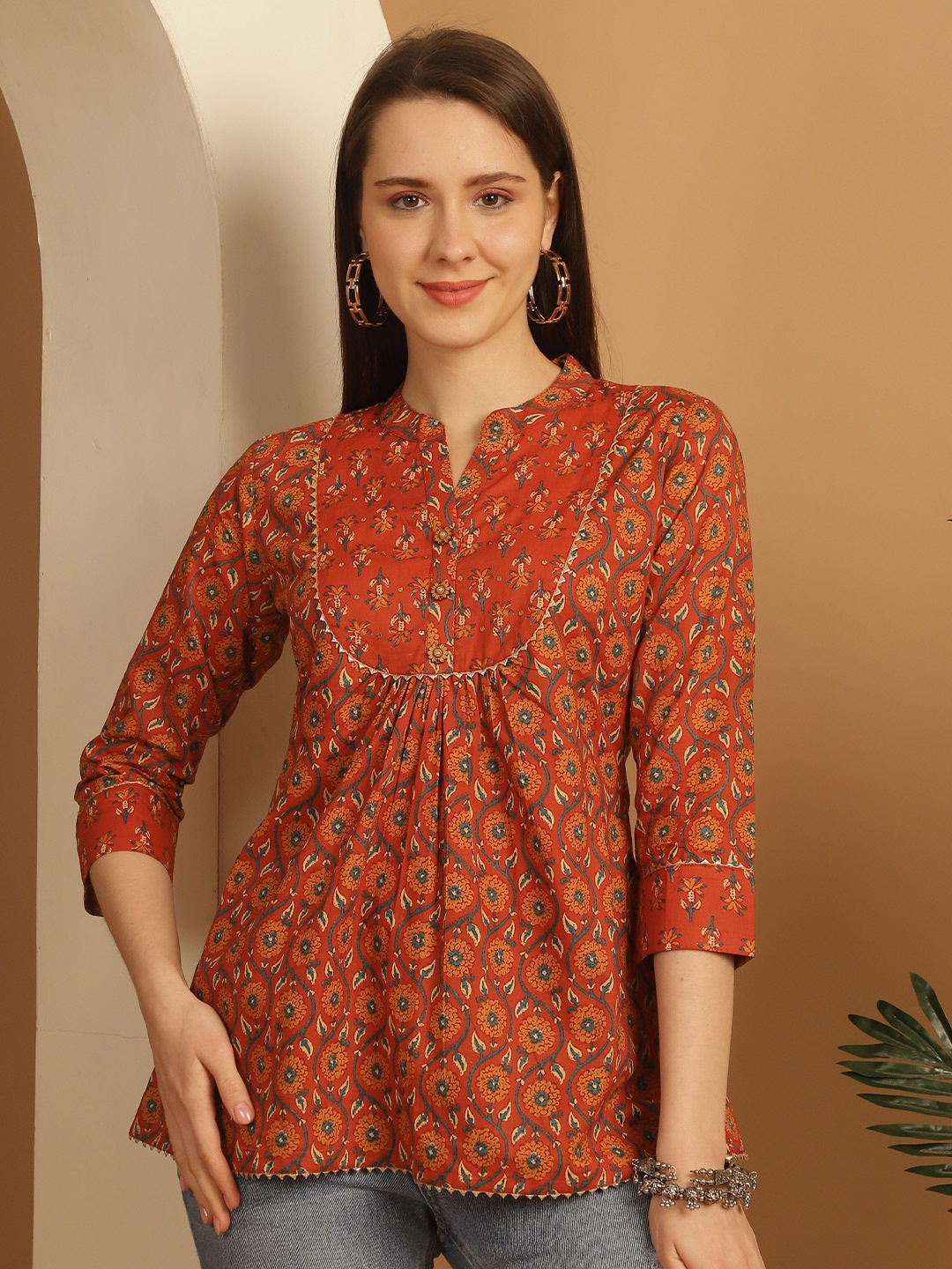 

KALINI Floral Print Mandarin Collar Ethnic Cotton Top, Orange