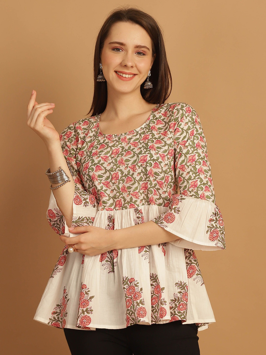 

KALINI Floral Printed Round Neck Empire Cotton Top, White