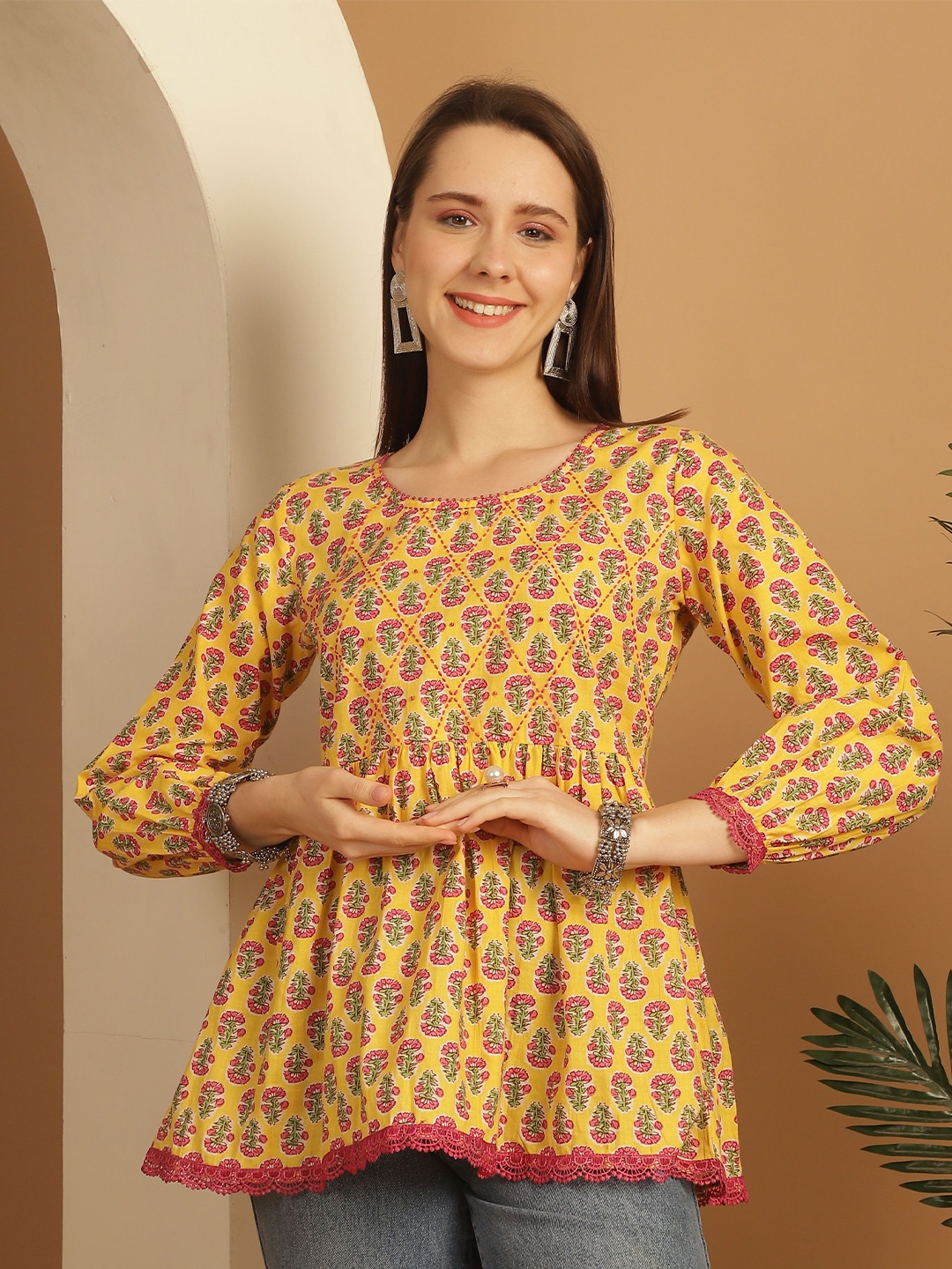 

KALINI Print Ethnic Pure Cotton Peplum Top, Yellow