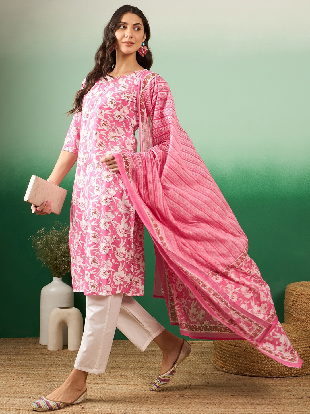 

Sangria Pink Floral Printed V-Neck Pure Cotton Straight Kurta With Trousers & Dupatta